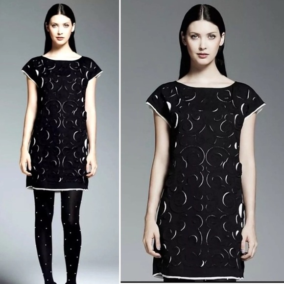 CATHERINE MALANDRINO Women’s Shift Mini Dress Black‎ Pearl Floral Appliqué XS - Picture 1 of 12